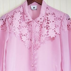 Vintage‎ David Benjamin Blouse Womens Large Pink Satin Floral Lace Collar Top